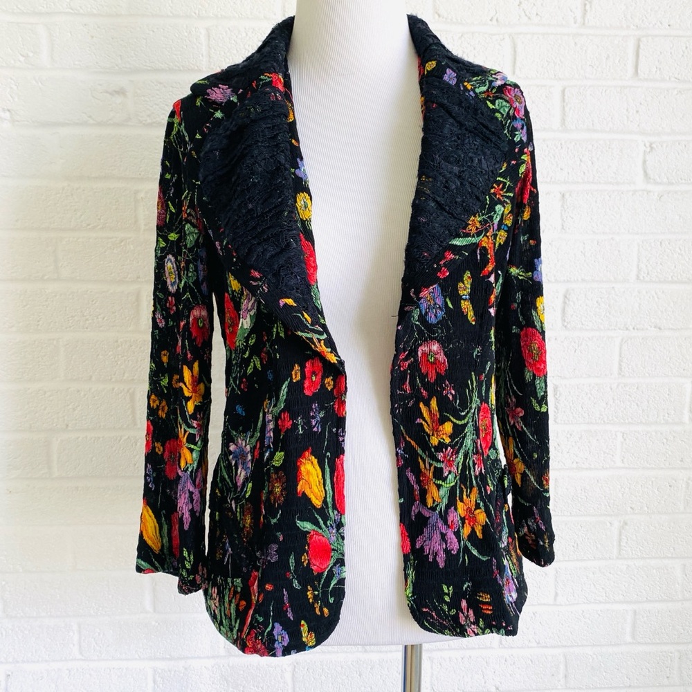VINTAGE Jacket Blazer Alberto Makali Black Floral Large Boho WhimsyGoth Artsy - Picture 2 of 16